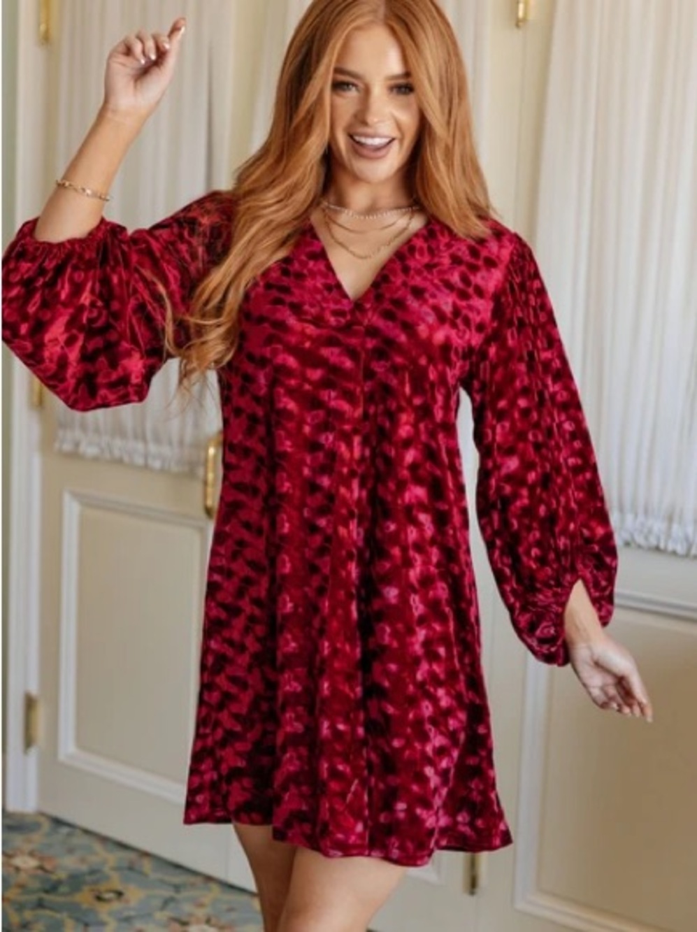 JODIFL Burgundy Velvet V-Neck Tunic with Dot Motif